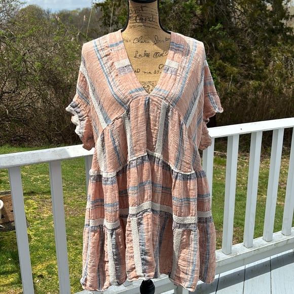 NWOT LULU’S Striped V-Neck Tiered Boho Dress dusty orange size M with pockets - Picture 2 of 12